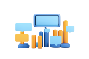 Colorful speech bubbles and bar graphs symbolize communication and data visualization. png