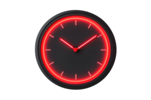 A sleek, modern clock featuring a black face and bright red hour and minute hands. png