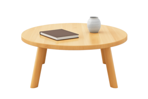 A round wooden table with three angled legs, featuring a book and a small vase on its surface. png