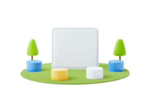 A geometric display featuring a central square surrounded by colorful cylindrical bases and small green trees. png