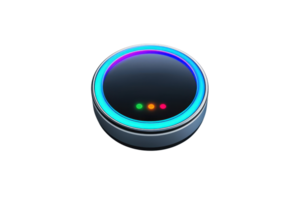 A sleek, circular device features colorful illumination and a glossy surface, designed for smart home interaction. png