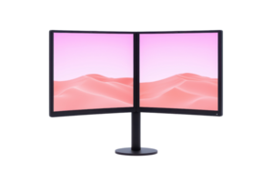 A sleek, curved dual monitor setup displaying soft pink hues, ideal for productivity and immersive experiences. png