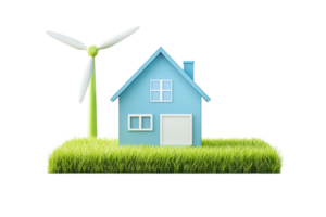 A blue house with a wind turbine stands on a patch of grass, symbolizing eco-friendly living and renewable energy. png