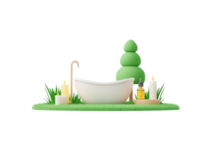 A modern bathtub surrounded by candles, essential oils, and greenery, creating a serene spa-like atmosphere. png