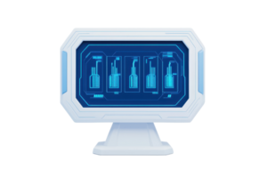 A futuristic monitor displaying digital graphics of various bottles, showcasing sleek design and advanced technology. png