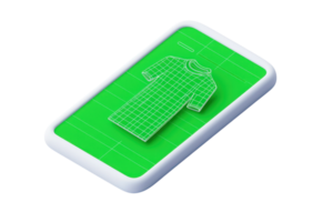 A digital representation of a dress displayed on a smartphone screen, highlighted in a grid design with a vibrant green background. png