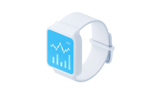 A sleek white smartwatch displaying a blue screen with graph metrics, symbolizing health and fitness tracking. png