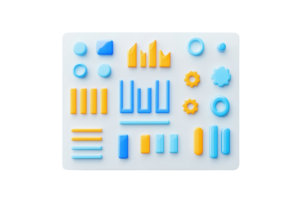 A collection of geometric shapes in blue and yellow arranged on a white surface, showcasing various patterns and designs. png