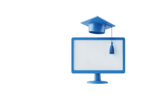 A blue computer monitor topped with a graduation cap and tassel, symbolizing education and online learning. png