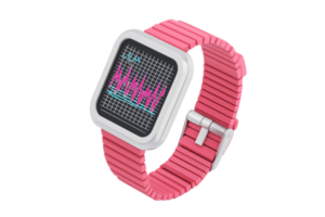 A modern, square smartwatch with a pink strap and a digital display showing colorful data graphs. png