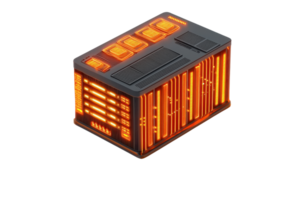 A compact, futuristic device emitting warm orange light, featuring a sleek design with glowing panels and intricate details. png