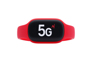 A vibrant red wearable device displaying a prominent 5G indicator, designed for connectivity and modern technology use. png