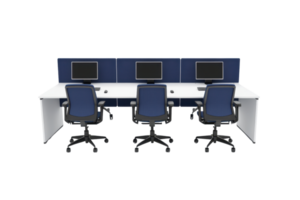 A modern office workspace featuring a long desk with multiple computer monitors and ergonomic chairs. png