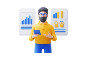 A 3D character in a yellow sweater holds a tablet, showcasing data analytics with charts and graphs behind him. png