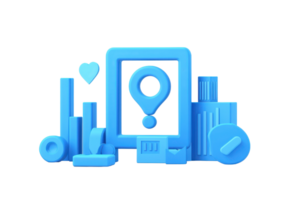 A vibrant blue 3D representation of a location pin, framed within a rectangular shape alongside various geometric shapes and symbols. png