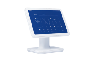 A sleek white monitor displaying a blue graph with data points and metrics. png