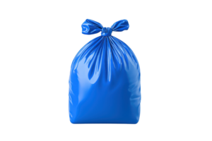 A glossy blue garbage bag tied at the top, showcasing a smooth surface and a distinct knot. png