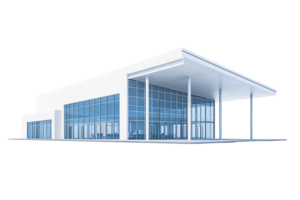 A modern architectural structure featuring large glass windows and a flat roof supported by sleek columns. png