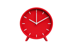 A vibrant red alarm clock featuring white hands and markers, showcasing a minimalist design with a round face. png