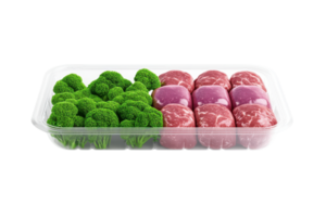 un bandeja de Fresco brócoli y jaspeado carne cortes arreglado lado por lado, exhibiendo vibrante colores y texturas png