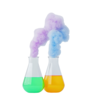 Two flasks with vibrant liquids producing colorful smoke, showcasing a dynamic chemical reaction. png