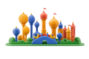 A colorful collection of whimsical towers and structures resembling a fantastical skyline, featuring various shapes and vibrant colors. png