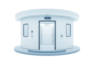 A futuristic, circular room with smooth white surfaces and a central door, featuring sleek lines and modern design elements. png