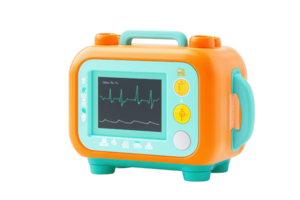 A colorful, toy-like medical monitor featuring a screen with wave patterns and buttons, designed for educational or play purposes. png