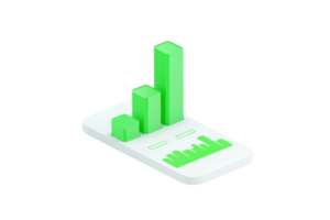 A smartphone displaying vibrant green bar graphs and charts, symbolizing data analysis and performance metrics. png