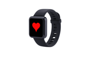 A sleek smartwatch displaying a red heart symbol on its screen, designed for health tracking and modern aesthetics. png