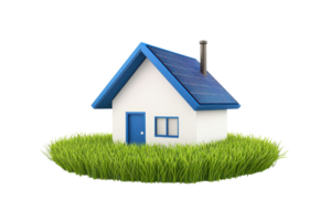 A small, modern house with a blue roof and solar panels, surrounded by lush green grass. png