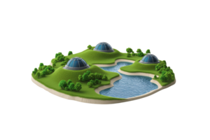 A miniature landscape featuring green hills, a winding river, and three dome structures captures a serene, natural environment. png