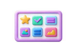 A colorful, playful button panel featuring various icons including a star, checkmark, and graphs, designed for interactive use. png
