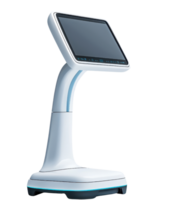 A sleek, modern device with a touchscreen display, designed for interactive use, featuring a curved stand and a minimalist aesthetic. png
