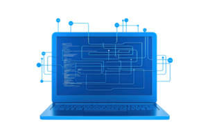 A blue laptop displaying intricate digital connections and coding on its screen. png