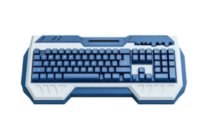 A modern computer keyboard featuring a streamlined design with blue and white accents, designed for gaming and enhanced performance. png