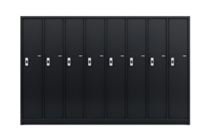 A series of black lockers with metallic handles, arranged in a row, suitable for storage in schools or gyms. png