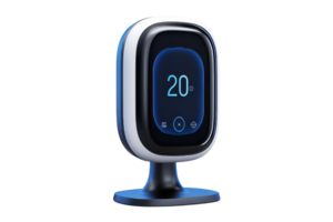 A sleek digital thermostat displaying a temperature of 20C, designed for modern home environments. png