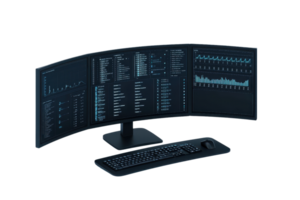 A modern, curved computer monitor displaying various data metrics and analytics, accompanied by a sleek keyboard. png