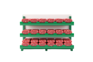 A display of packaged meat arranged on green shelves, showcasing an assortment of red cuts in neat rows. png
