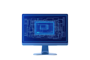A digital computer monitor displaying a blue circuit board design. png