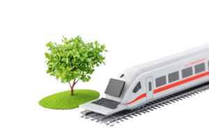 A model train beside a small tree and a laptop, symbolizing technology and nature in a whimsical setting. png