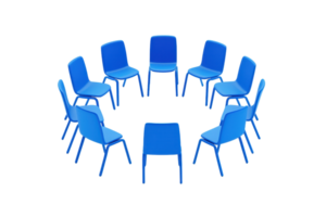 A circle of blue chairs arranged symmetrically, emphasizing communal seating and a vibrant color scheme. png