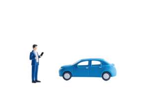 A businessman in a blue suit interacts with a blue car, possibly using a mobile device for communication or information. png