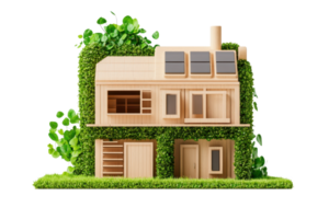 A wooden house adorned with lush green foliage, showcasing a blend of architecture and nature. png