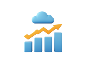 A blue cloud icon above a rising orange arrow and a bar graph, symbolizing growth and data analysis. png