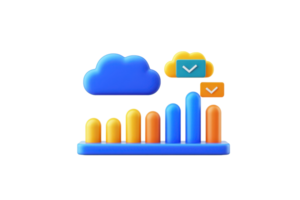 A colorful bar graph representing data trends, accompanied by cloud icons and checkmarks, symbolizing analytics and cloud storage. png