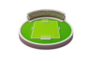 A stylized soccer field with goals, surrounded by a circular seating area for spectators. png