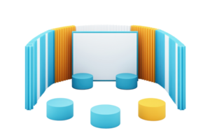 A modern seating arrangement featuring a central display, surrounded by colorful seating and a structured backdrop. png