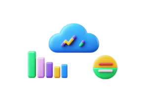 A colorful cloud icon with data visualizations, including bar graphs and a pie chart, representing analytics and information processing. png